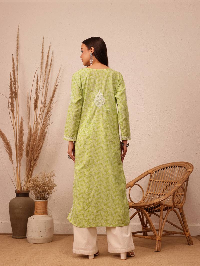 Hand Crafted Green Cotton Lucknowi Chikankari Indian Women Kurta