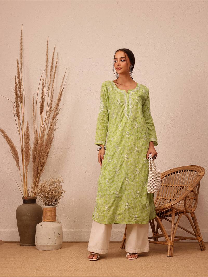 Hand Crafted Green Cotton Lucknowi Chikankari Indian Women Kurta