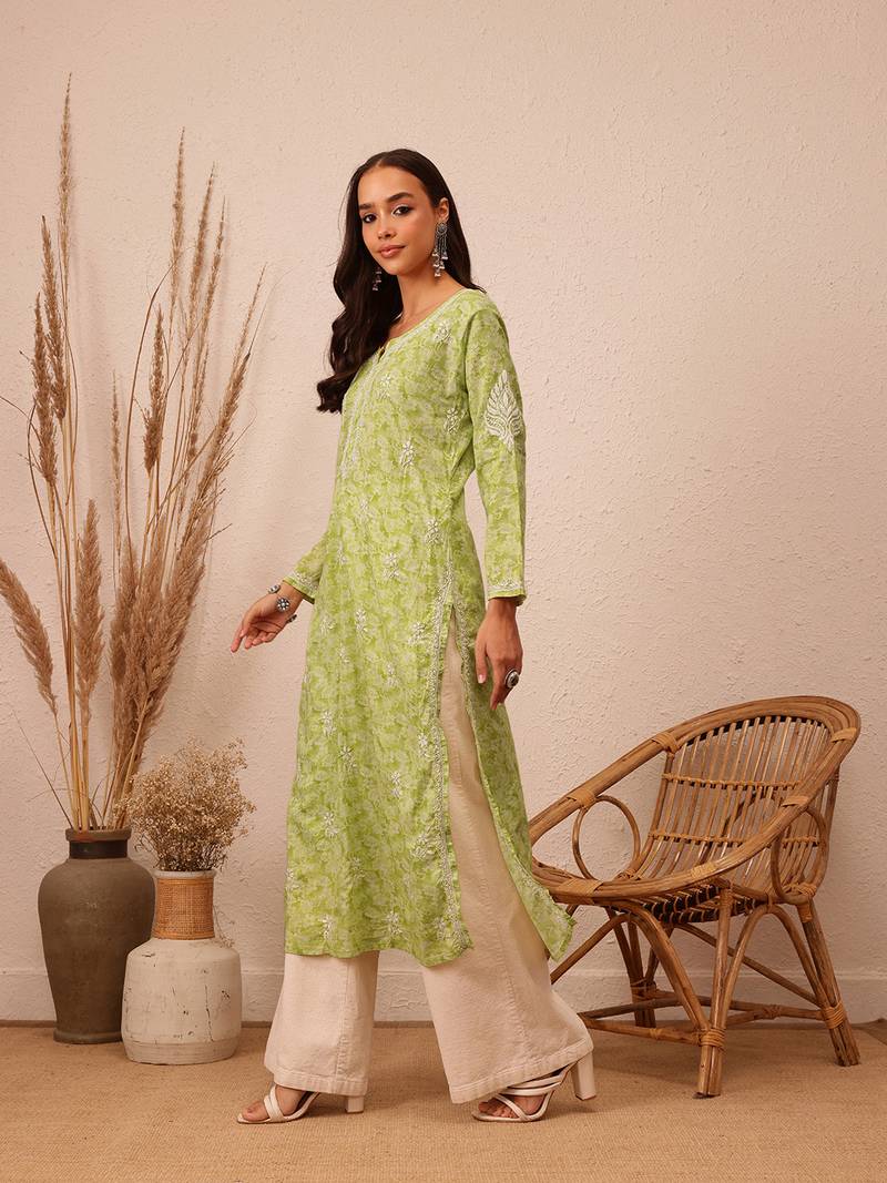 Hand Crafted Green Cotton Lucknowi Chikankari Indian Women Kurta