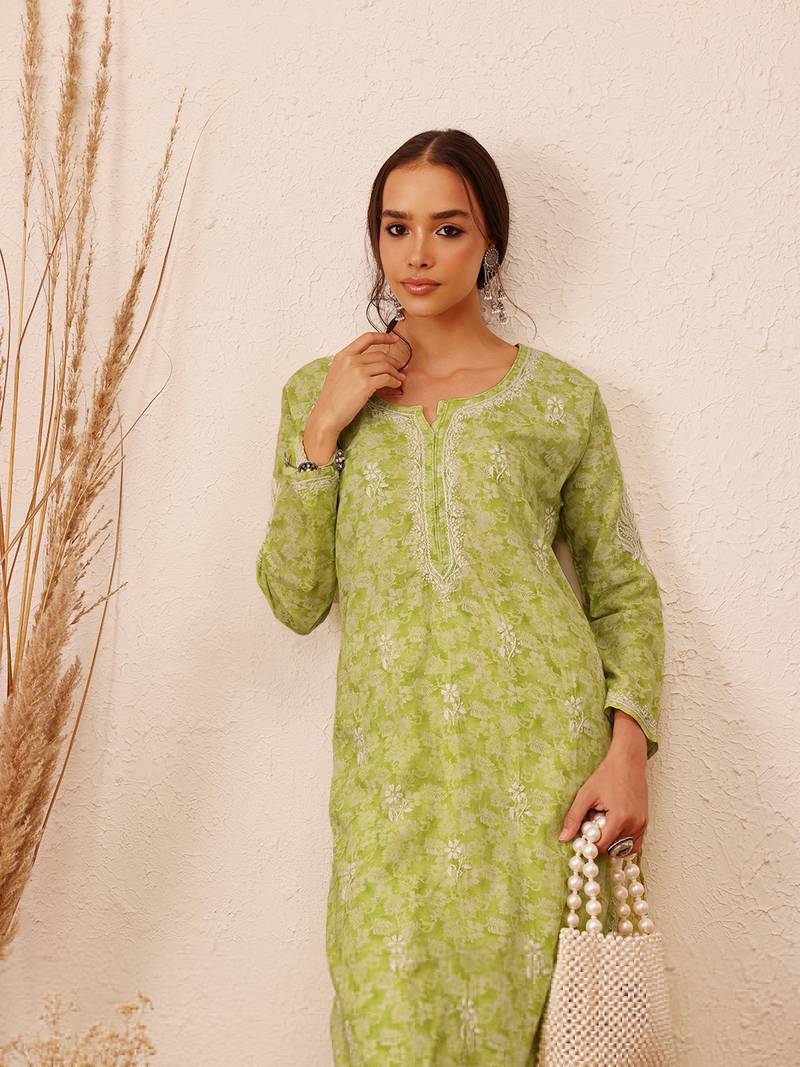 Hand Crafted Green Cotton Lucknowi Chikankari Indian Women Kurta