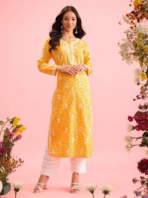 Hand Crafted Yellow Cotton Lucknowi Chikankari Indian Women Kurta 1