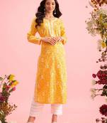 Hand Crafted Yellow Cotton Lucknowi Chikankari Indian Women Kurta