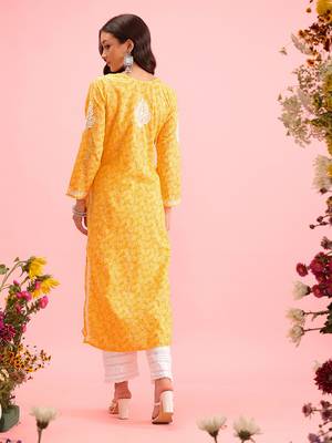 Hand Crafted Yellow Cotton Lucknowi Chikankari Indian Women Kurta 2