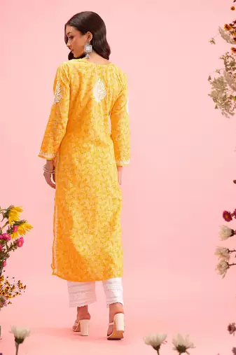 Hand Crafted Yellow Cotton Lucknowi Chikankari Indian Women Kurta