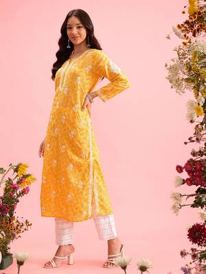 Hand Crafted Yellow Cotton Lucknowi Chikankari Indian Women Kurta 3