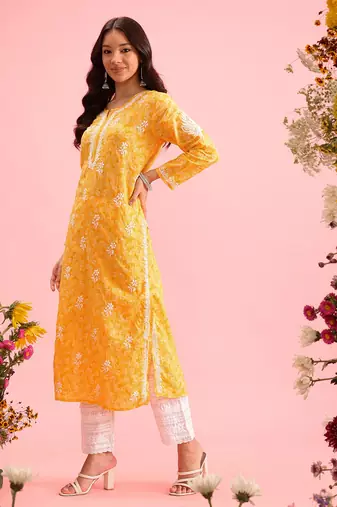 Hand Crafted Yellow Cotton Lucknowi Chikankari Indian Women Kurta