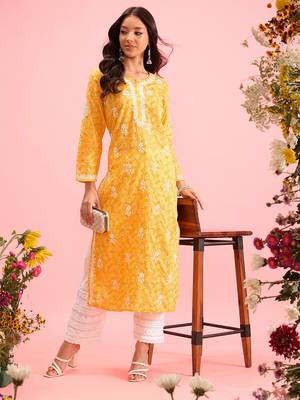 Hand Crafted Yellow Cotton Lucknowi Chikankari Indian Women Kurta 4