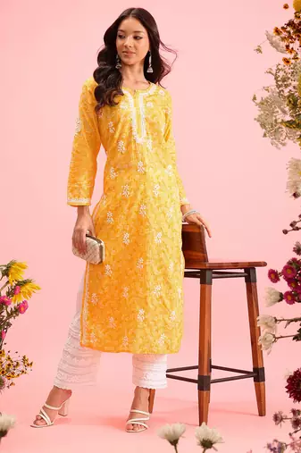 Hand Crafted Yellow Cotton Lucknowi Chikankari Indian Women Kurta