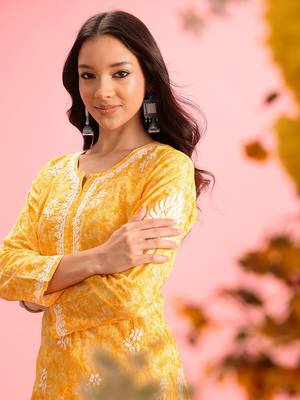 Hand Crafted Yellow Cotton Lucknowi Chikankari Indian Women Kurta 5