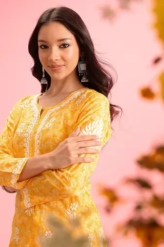 Hand Crafted Yellow Cotton Lucknowi Chikankari Indian Women Kurta