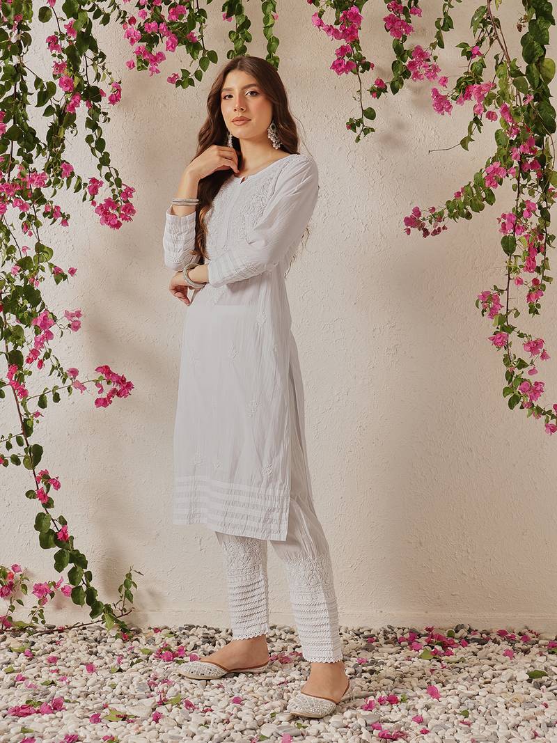 Handmade White Cotton Lucknowi Chikankari Kurta