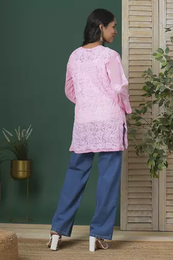Hand Crafted Baby Pink Georgette Lucknowi Chikankari Indian Women Straight Short Kurti