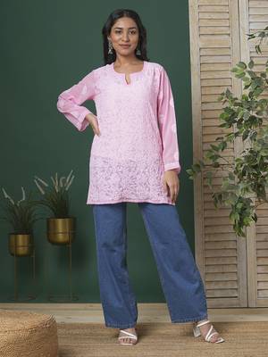 Hand Crafted Baby Pink Georgette Lucknowi Chikankari Indian Women Straight Short Kurti 5