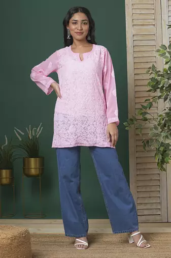 Hand Crafted Baby Pink Georgette Lucknowi Chikankari Indian Women Straight Short Kurti