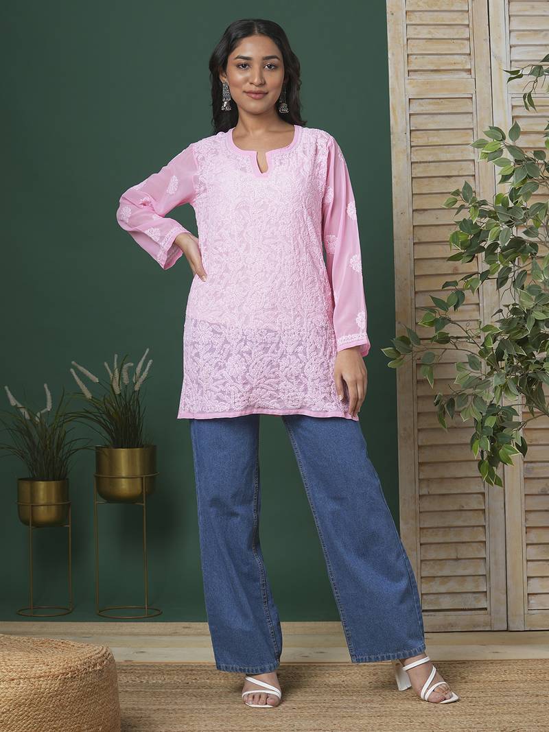 Hand Crafted Baby Pink Georgette Lucknowi Chikankari Indian Women Straight Short Kurti