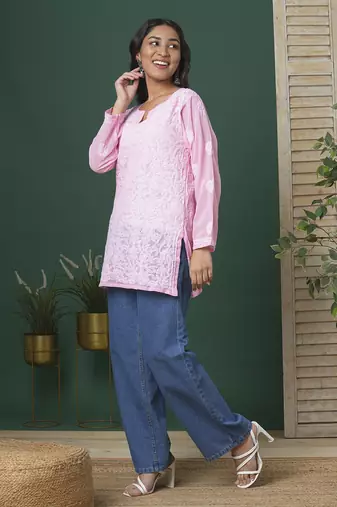 Hand Crafted Baby Pink Georgette Lucknowi Chikankari Indian Women Straight Short Kurti