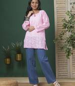 Hand Crafted Baby Pink Georgette Lucknowi Chikankari Indian Women Straight Short Kurti