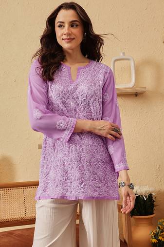 Hand Embroidered Lavender Georgette Lucknowi Chikankari Indian Women Straight Short Kurti