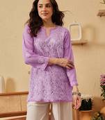 Hand Embroidered Lavender Georgette Lucknowi Chikankari Indian Women Straight Short Kurti
