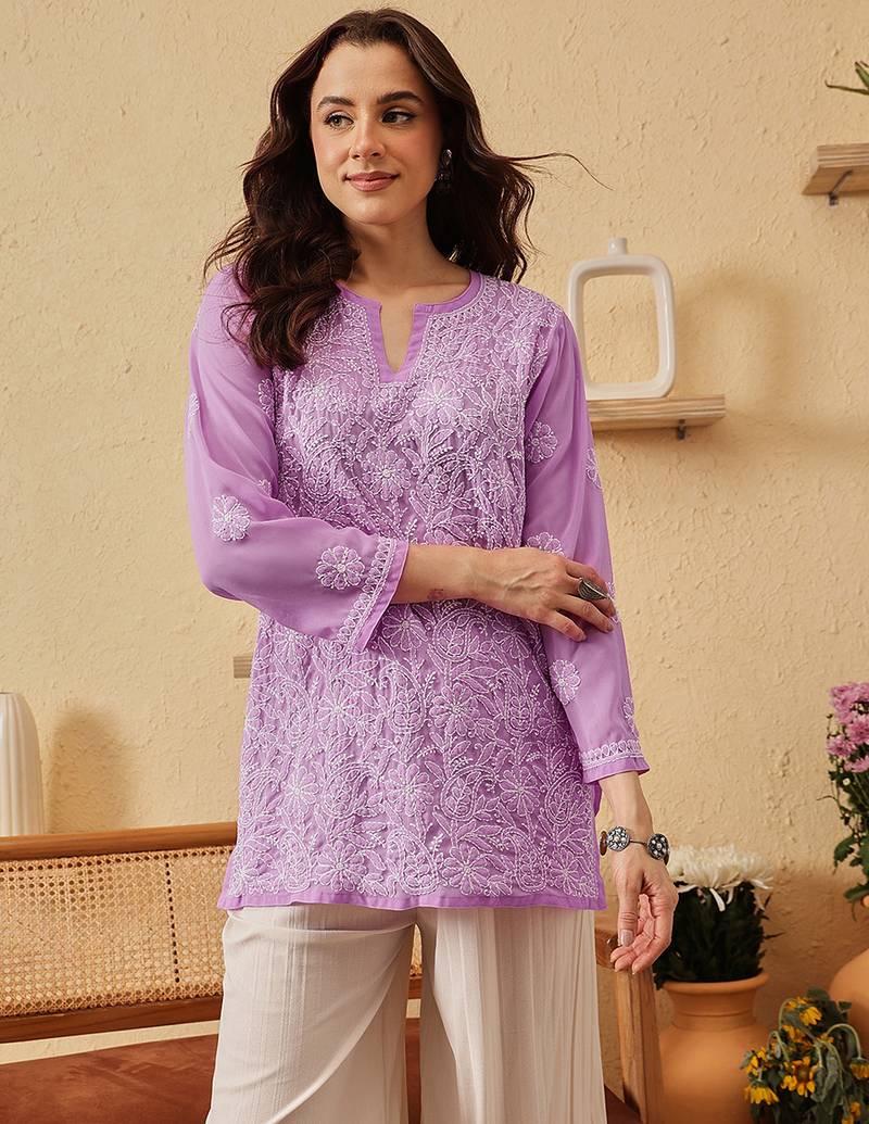 Hand Embroidered Lavender Georgette Lucknowi Chikankari Indian Women Straight Short Kurti