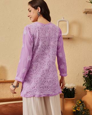 Hand Embroidered Lavender Georgette Lucknowi Chikankari Indian Women Straight Short Kurti 2