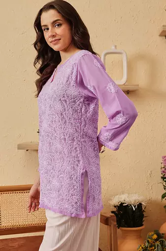Hand Embroidered Lavender Georgette Lucknowi Chikankari Indian Women Straight Short Kurti