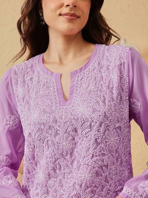 Hand Embroidered Lavender Georgette Lucknowi Chikankari Indian Women Straight Short Kurti 4
