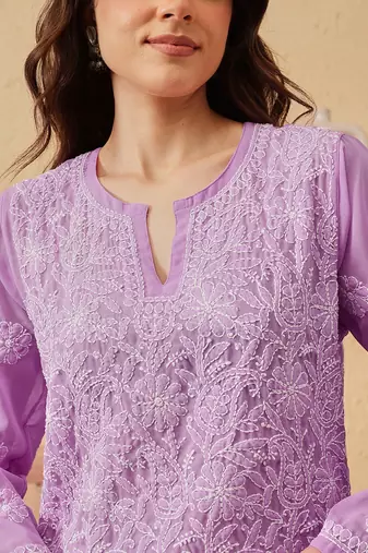 Hand Embroidered Lavender Georgette Lucknowi Chikankari Indian Women Straight Short Kurti