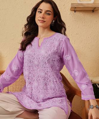Hand Embroidered Lavender Georgette Lucknowi Chikankari Indian Women Straight Short Kurti 5