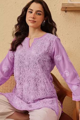 Hand Embroidered Lavender Georgette Lucknowi Chikankari Indian Women Straight Short Kurti