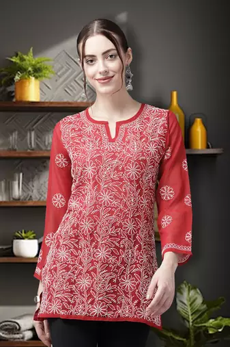Hand Crafted Red Georgette Lucknowi Chikankari Indian Women Straight Short Kurti