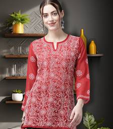 Hand Crafted Red Georgette Lucknowi Chikankari Indian Women Straight Short Kurti