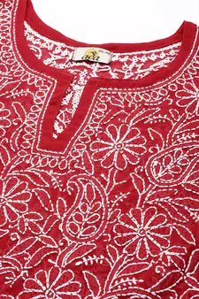 Hand Crafted Red Georgette Lucknowi Chikankari Indian Women Straight Short Kurti