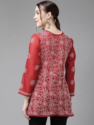 Hand Crafted Red Georgette Lucknowi Chikankari Indian Women Straight Short Kurti 4