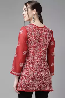 Hand Crafted Red Georgette Lucknowi Chikankari Indian Women Straight Short Kurti