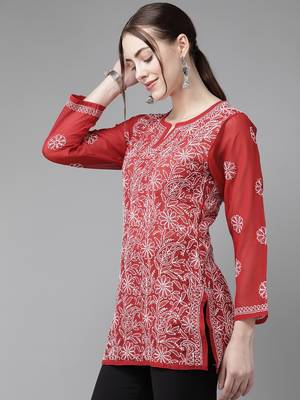 Hand Crafted Red Georgette Lucknowi Chikankari Indian Women Straight Short Kurti 5