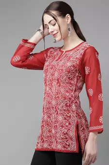 Hand Crafted Red Georgette Lucknowi Chikankari Indian Women Straight Short Kurti