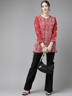 Hand Crafted Red Georgette Lucknowi Chikankari Indian Women Straight Short Kurti 1