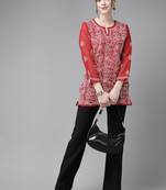 Hand Crafted Red Georgette Lucknowi Chikankari Indian Women Straight Short Kurti