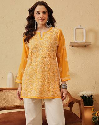 Handmade Yellow Georgette Lucknowi Chikankari Indian Women Straight Short Kurti 2