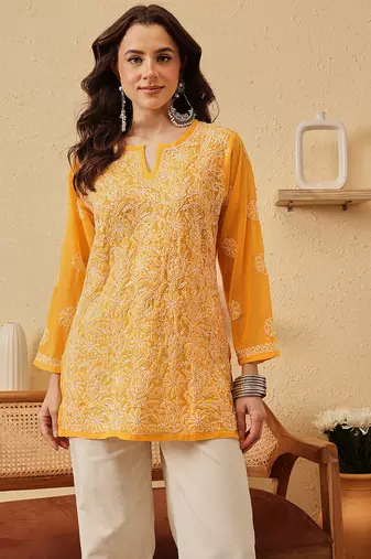 Handmade Yellow Georgette Lucknowi Chikankari Indian Women Straight Short Kurti