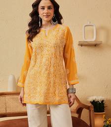 Handmade Yellow Georgette Lucknowi Chikankari Indian Women Straight Short Kurti