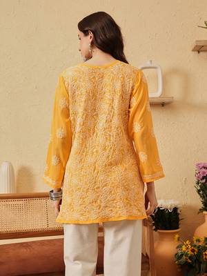 Handmade Yellow Georgette Lucknowi Chikankari Indian Women Straight Short Kurti 3