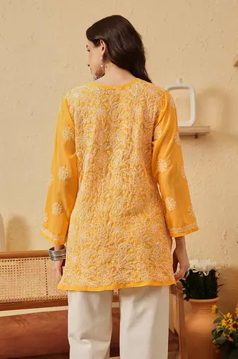Handmade Yellow Georgette Lucknowi Chikankari Indian Women Straight Short Kurti