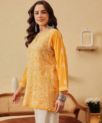 Handmade Yellow Georgette Lucknowi Chikankari Indian Women Straight Short Kurti 4