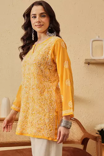 Handmade Yellow Georgette Lucknowi Chikankari Indian Women Straight Short Kurti