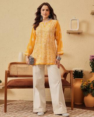 Handmade Yellow Georgette Lucknowi Chikankari Indian Women Straight Short Kurti 5