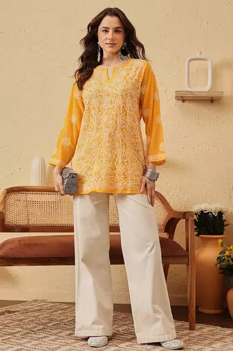 Handmade Yellow Georgette Lucknowi Chikankari Indian Women Straight Short Kurti