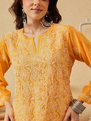 Handmade Yellow Georgette Lucknowi Chikankari Indian Women Straight Short Kurti 1