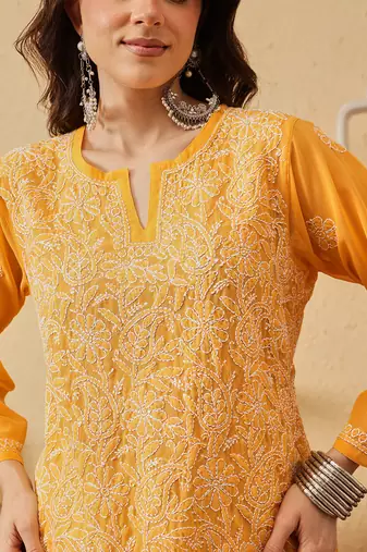 Handmade Yellow Georgette Lucknowi Chikankari Indian Women Straight Short Kurti